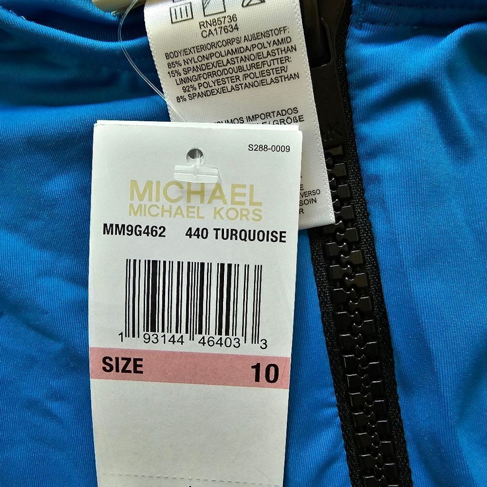 Michael Kors Blue Rashguard Short Sleeve Front Zip One-Piece Swimsuit size 10 - Picture 3 of 11